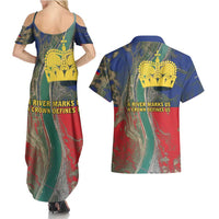 Liechtenstein Couples Matching Summer Maxi Dress and Hawaiian Shirt with Red Blue Aerial River Design and Yellow Crown Emblem - Wonder Print Shop