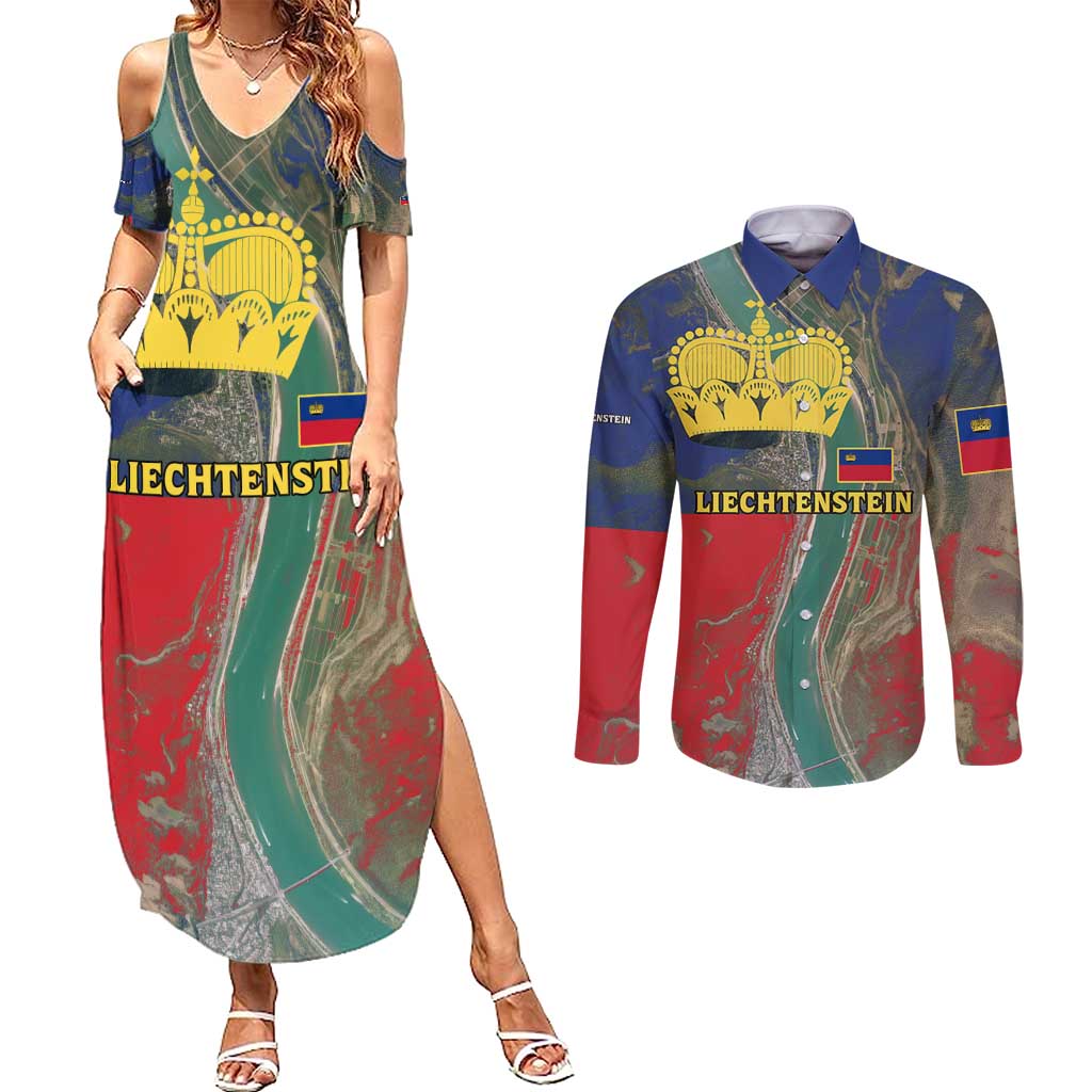Liechtenstein Couples Matching Summer Maxi Dress and Long Sleeve Button Shirt with Red Blue Aerial River Design and Yellow Crown Emblem - Wonder Print Shop