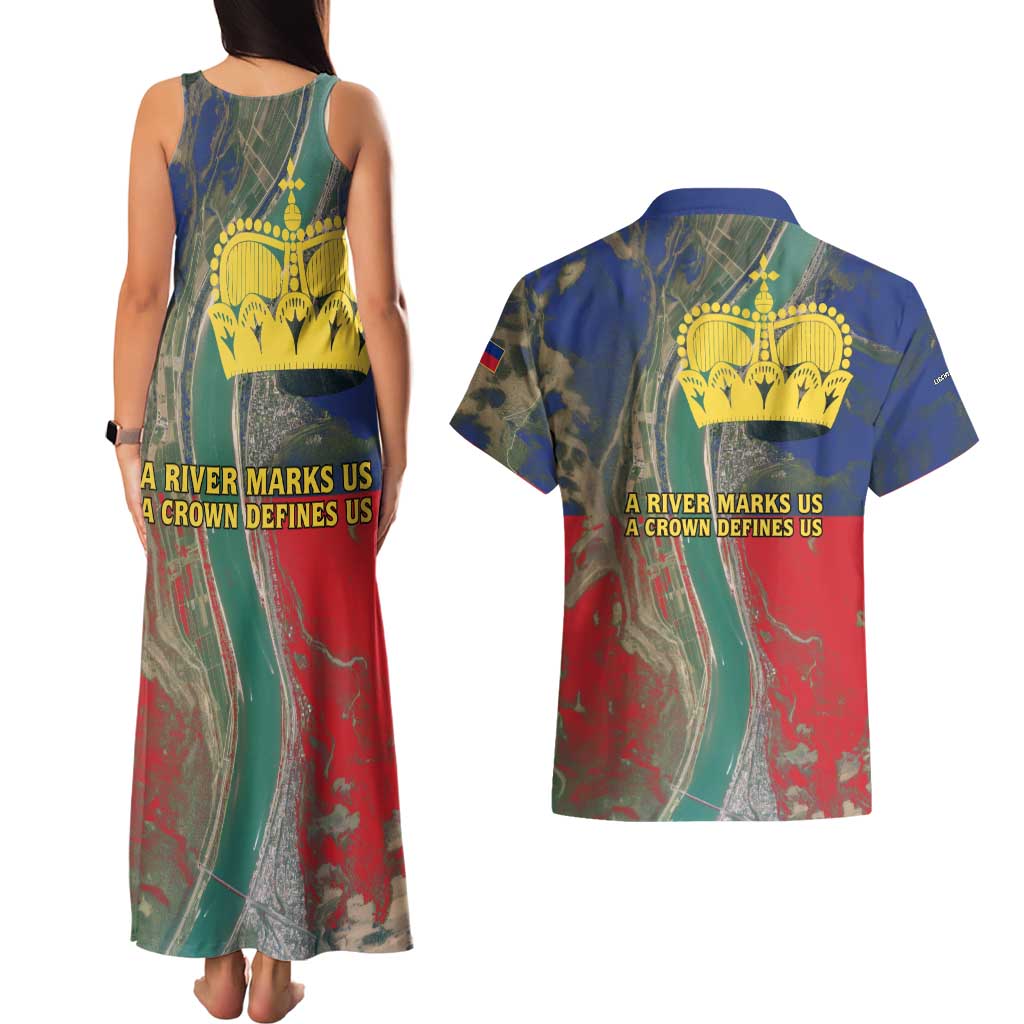 Liechtenstein Couples Matching Tank Maxi Dress and Hawaiian Shirt with Red Blue Aerial River Design and Yellow Crown Emblem - Wonder Print Shop
