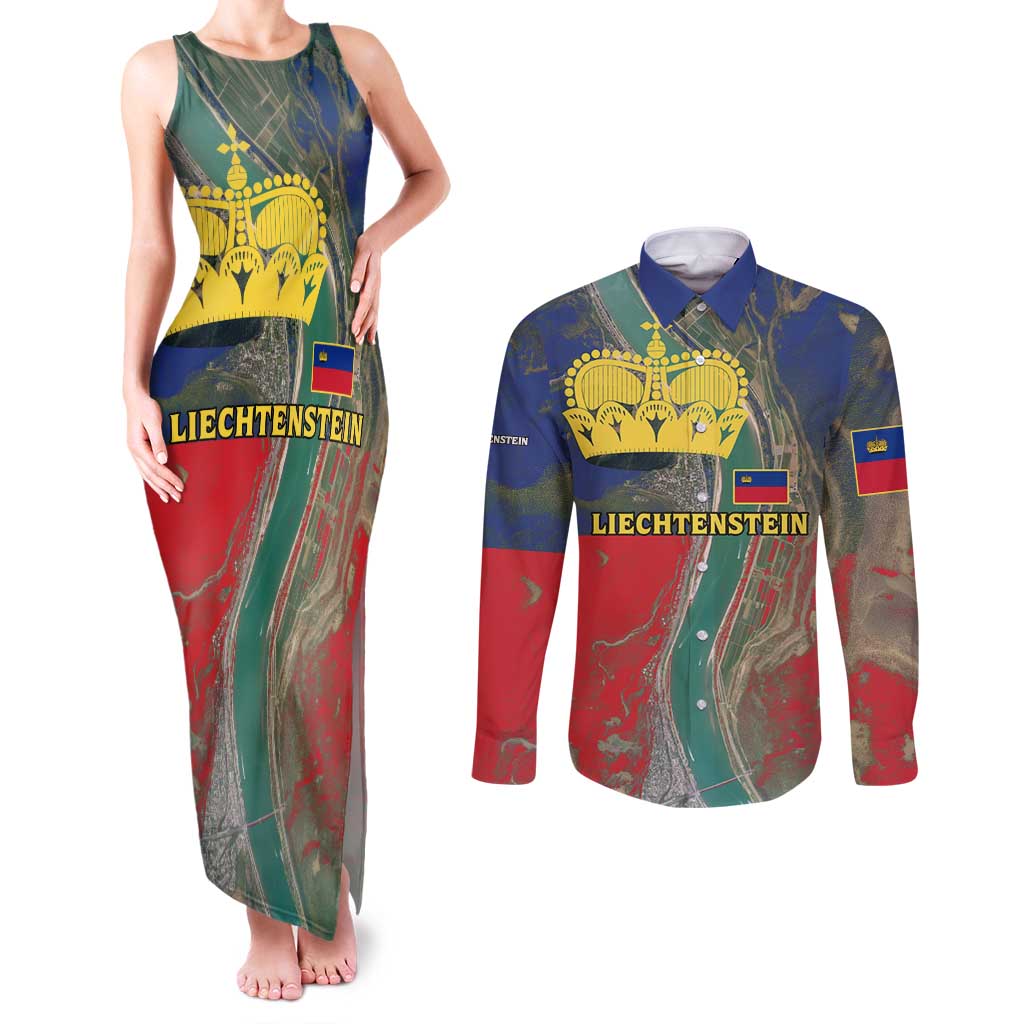 Liechtenstein Couples Matching Tank Maxi Dress and Long Sleeve Button Shirt with Red Blue Aerial River Design and Yellow Crown Emblem - Wonder Print Shop