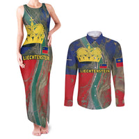 Liechtenstein Couples Matching Tank Maxi Dress and Long Sleeve Button Shirt with Red Blue Aerial River Design and Yellow Crown Emblem - Wonder Print Shop