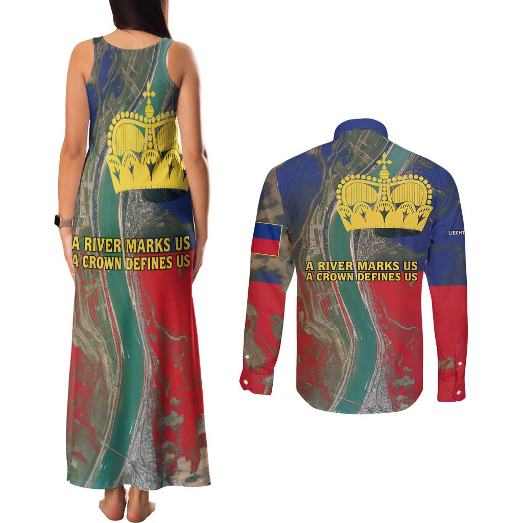 Liechtenstein Couples Matching Tank Maxi Dress and Long Sleeve Button Shirt with Red Blue Aerial River Design and Yellow Crown Emblem - Wonder Print Shop