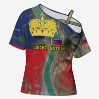 Liechtenstein Cross Shoulder Shirt with Red Blue Aerial River Design and Yellow Crown Emblem - Wonder Print Shop