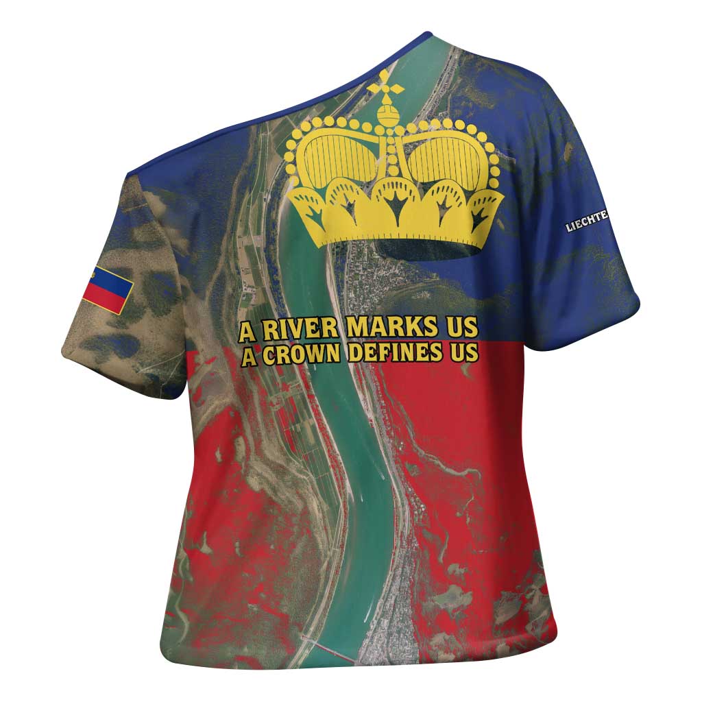 Liechtenstein Cross Shoulder Shirt with Red Blue Aerial River Design and Yellow Crown Emblem - Wonder Print Shop
