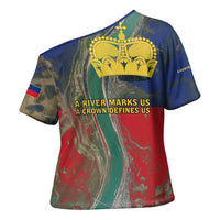 Liechtenstein Cross Shoulder Shirt with Red Blue Aerial River Design and Yellow Crown Emblem - Wonder Print Shop