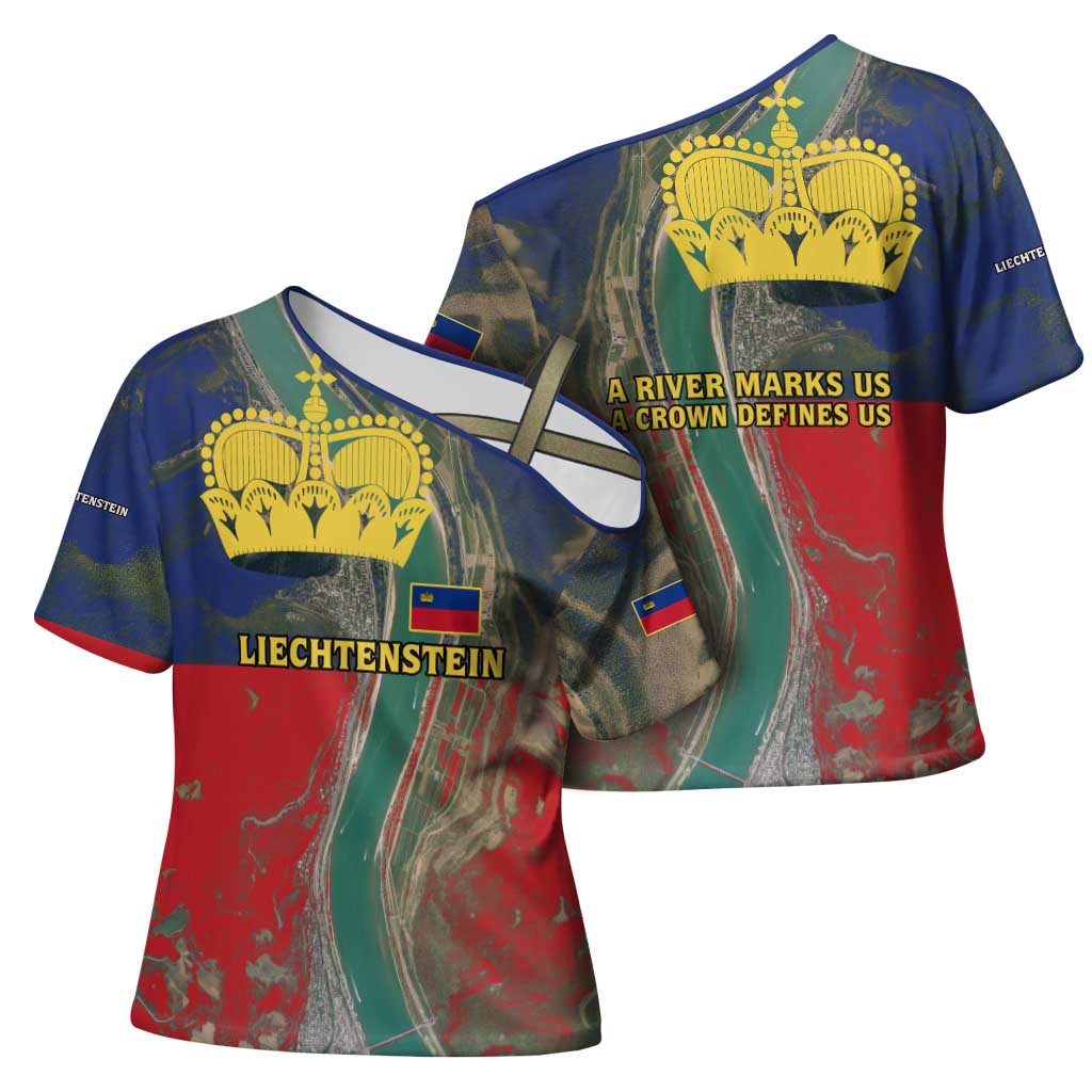Liechtenstein Cross Shoulder Shirt with Red Blue Aerial River Design and Yellow Crown Emblem - Wonder Print Shop
