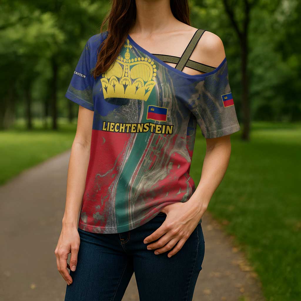 Liechtenstein Cross Shoulder Shirt with Red Blue Aerial River Design and Yellow Crown Emblem - Wonder Print Shop