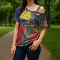 Liechtenstein Cross Shoulder Shirt with Red Blue Aerial River Design and Yellow Crown Emblem - Wonder Print Shop