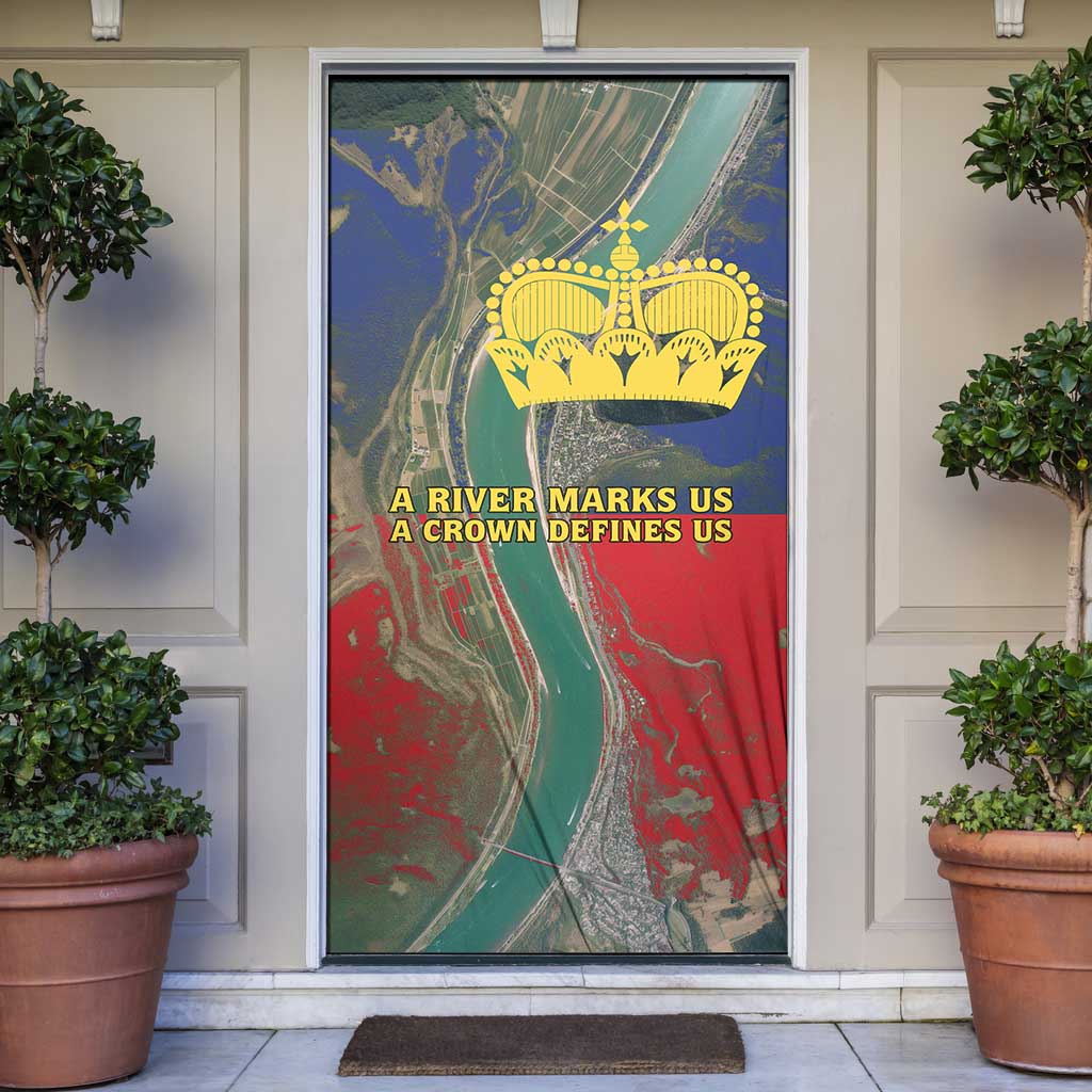 Liechtenstein Door Cover with Red Blue Aerial River Design and Yellow Crown Emblem - Wonder Print Shop