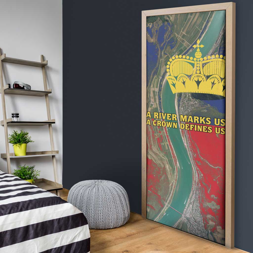 Liechtenstein Door Cover with Red Blue Aerial River Design and Yellow Crown Emblem - Wonder Print Shop