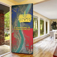 Liechtenstein Door Cover with Red Blue Aerial River Design and Yellow Crown Emblem - Wonder Print Shop