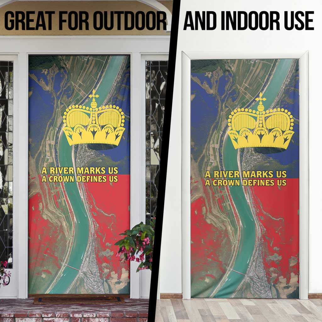Liechtenstein Door Cover with Red Blue Aerial River Design and Yellow Crown Emblem - Wonder Print Shop
