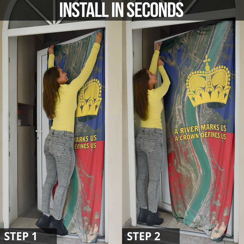 Liechtenstein Door Cover with Red Blue Aerial River Design and Yellow Crown Emblem - Wonder Print Shop