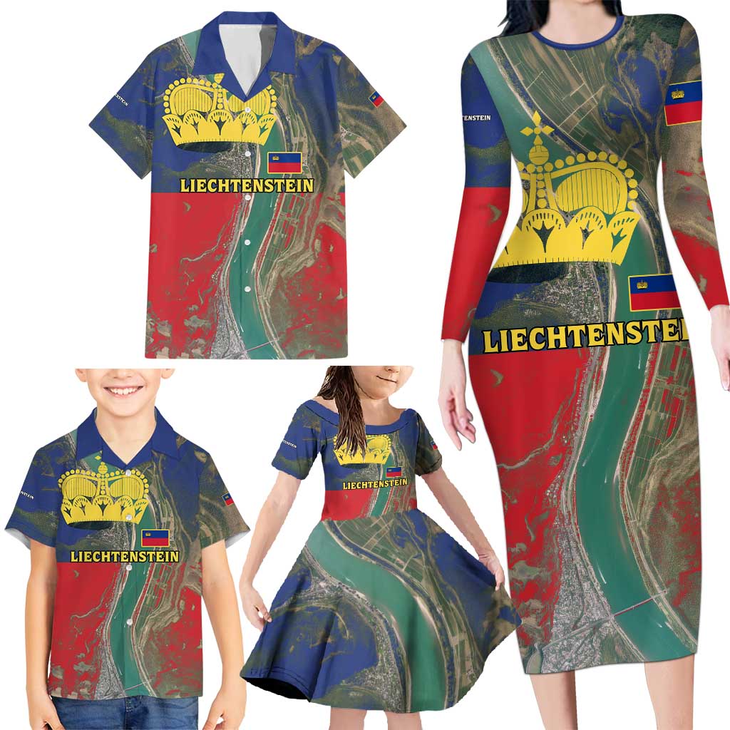 Liechtenstein Family Matching Long Sleeve Bodycon Dress and Hawaiian Shirt with Red Blue Aerial River Design and Yellow Crown Emblem - Wonder Print Shop