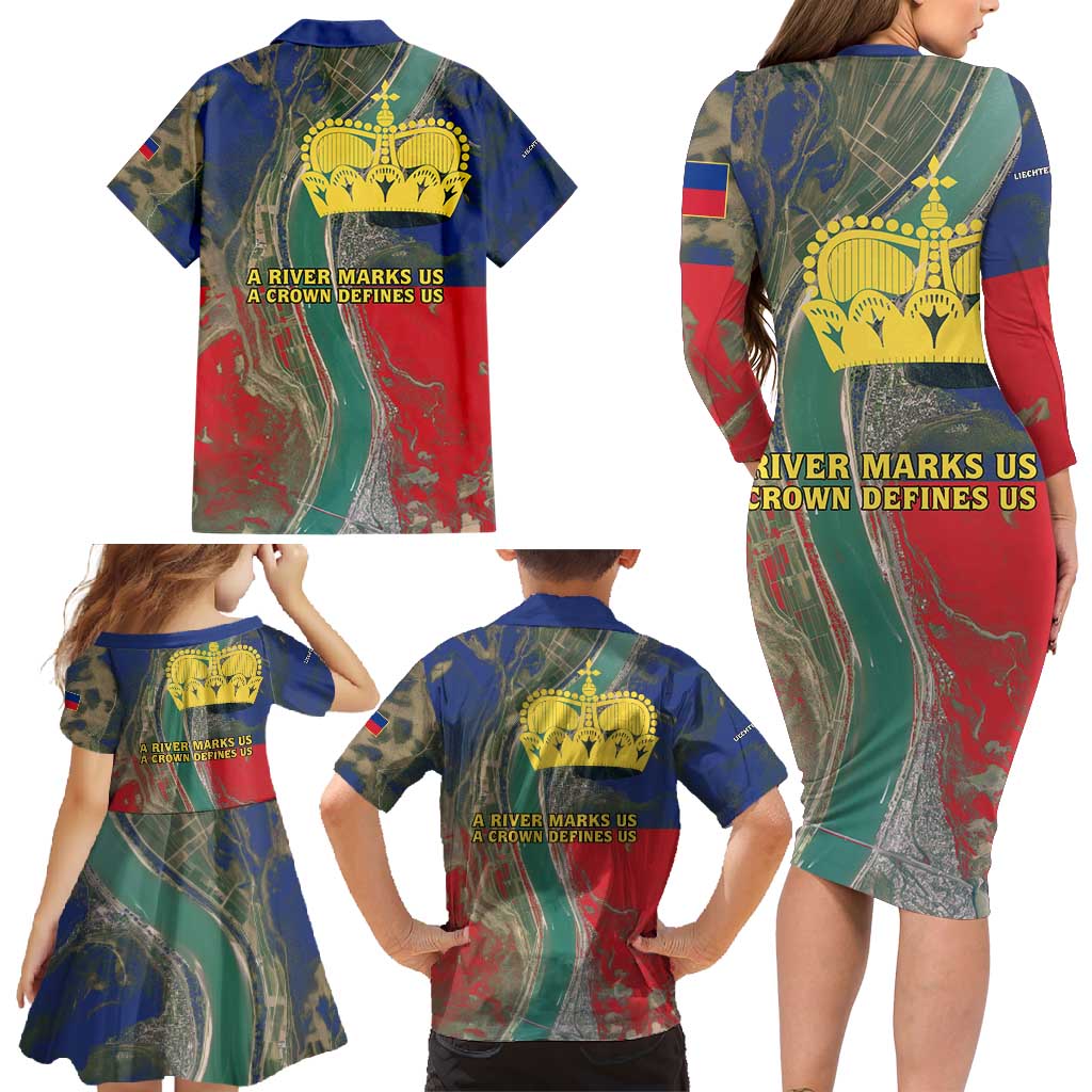 Liechtenstein Family Matching Long Sleeve Bodycon Dress and Hawaiian Shirt with Red Blue Aerial River Design and Yellow Crown Emblem - Wonder Print Shop