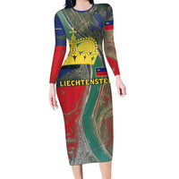 Liechtenstein Family Matching Long Sleeve Bodycon Dress and Hawaiian Shirt with Red Blue Aerial River Design and Yellow Crown Emblem - Wonder Print Shop