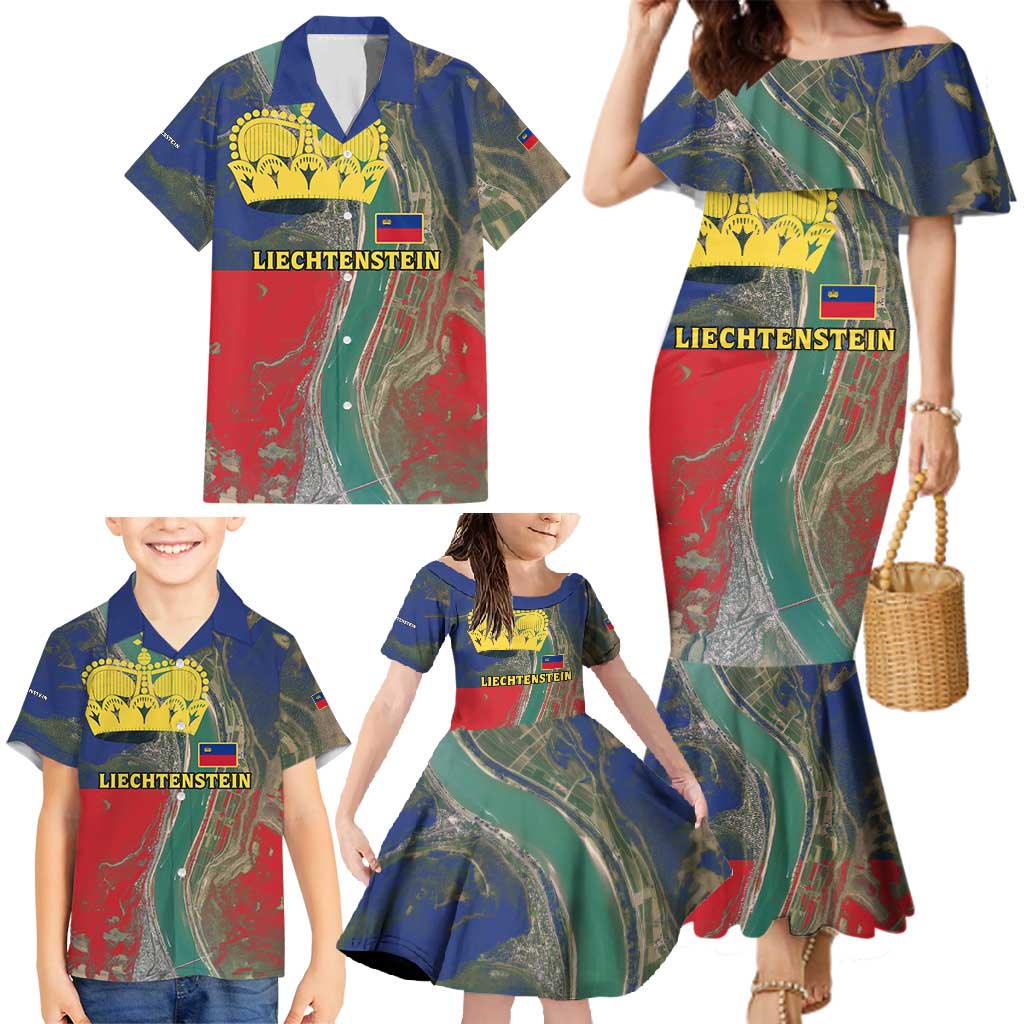 Liechtenstein Family Matching Mermaid Dress and Hawaiian Shirt with Red Blue Aerial River Design and Yellow Crown Emblem - Wonder Print Shop