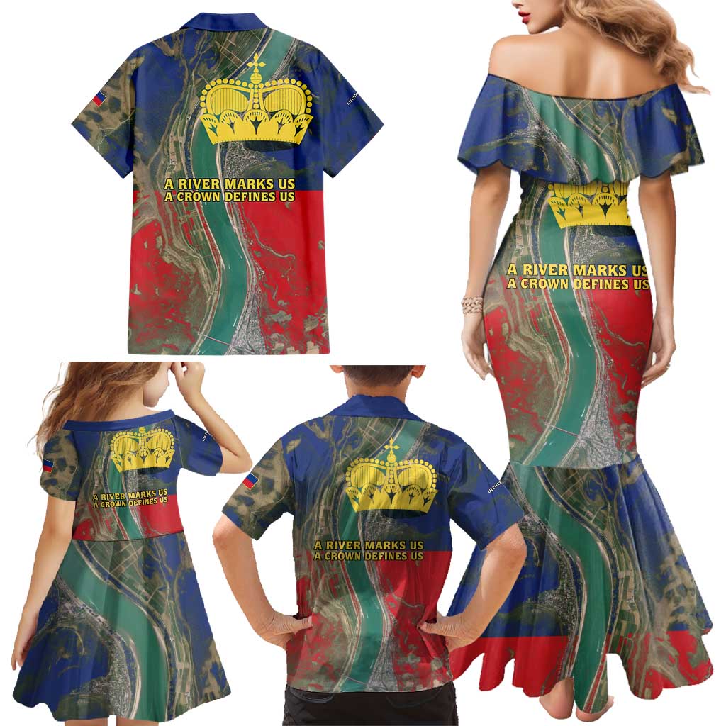 Liechtenstein Family Matching Mermaid Dress and Hawaiian Shirt with Red Blue Aerial River Design and Yellow Crown Emblem - Wonder Print Shop