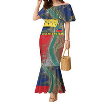 Liechtenstein Family Matching Mermaid Dress and Hawaiian Shirt with Red Blue Aerial River Design and Yellow Crown Emblem - Wonder Print Shop