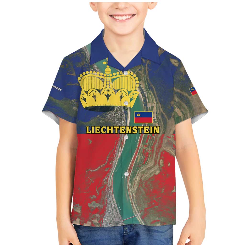 Liechtenstein Family Matching Mermaid Dress and Hawaiian Shirt with Red Blue Aerial River Design and Yellow Crown Emblem - Wonder Print Shop