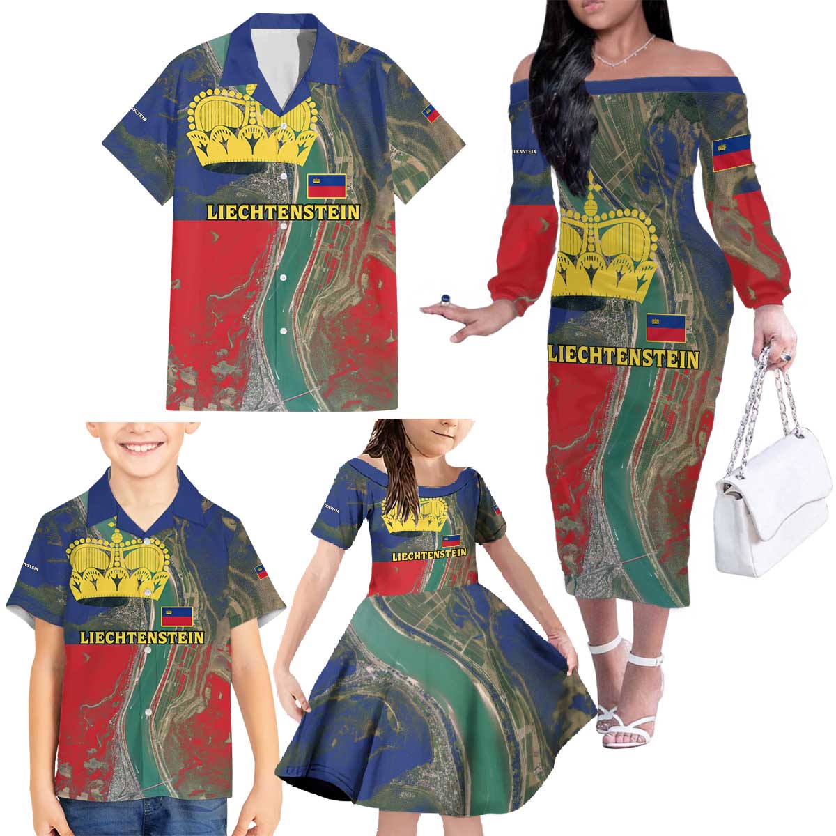 Liechtenstein Family Matching Off The Shoulder Long Sleeve Dress and Hawaiian Shirt with Red Blue Aerial River Design and Yellow Crown Emblem - Wonder Print Shop