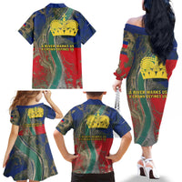 Liechtenstein Family Matching Off The Shoulder Long Sleeve Dress and Hawaiian Shirt with Red Blue Aerial River Design and Yellow Crown Emblem - Wonder Print Shop