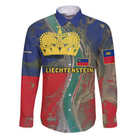 Liechtenstein Family Matching Off The Shoulder Long Sleeve Dress and Hawaiian Shirt with Red Blue Aerial River Design and Yellow Crown Emblem - Wonder Print Shop