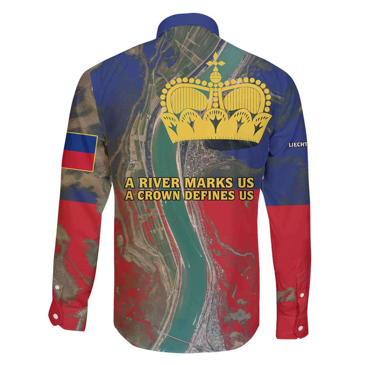 Liechtenstein Family Matching Off The Shoulder Long Sleeve Dress and Hawaiian Shirt with Red Blue Aerial River Design and Yellow Crown Emblem - Wonder Print Shop