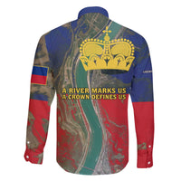 Liechtenstein Family Matching Off The Shoulder Long Sleeve Dress and Hawaiian Shirt with Red Blue Aerial River Design and Yellow Crown Emblem - Wonder Print Shop