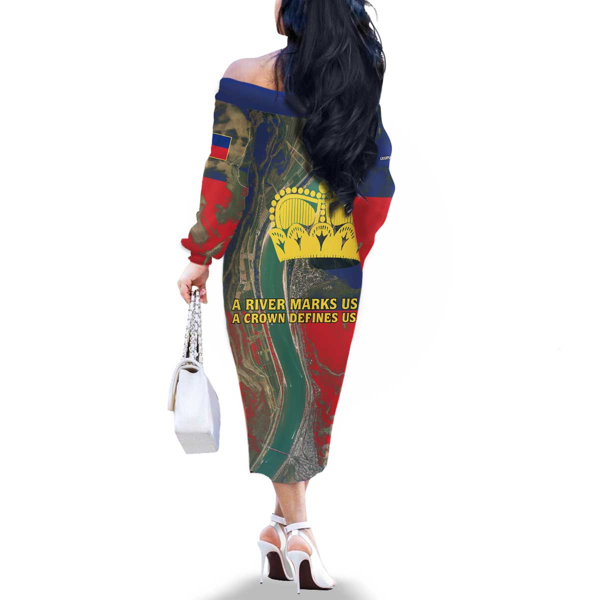 Liechtenstein Family Matching Off The Shoulder Long Sleeve Dress and Hawaiian Shirt with Red Blue Aerial River Design and Yellow Crown Emblem - Wonder Print Shop