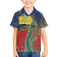 Liechtenstein Family Matching Off The Shoulder Long Sleeve Dress and Hawaiian Shirt with Red Blue Aerial River Design and Yellow Crown Emblem - Wonder Print Shop