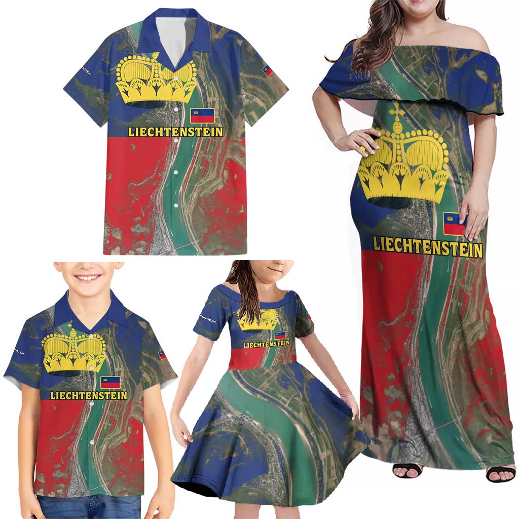 Liechtenstein Family Matching Off Shoulder Maxi Dress and Hawaiian Shirt with Red Blue Aerial River Design and Yellow Crown Emblem - Wonder Print Shop