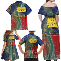 Liechtenstein Family Matching Off Shoulder Maxi Dress and Hawaiian Shirt with Red Blue Aerial River Design and Yellow Crown Emblem - Wonder Print Shop