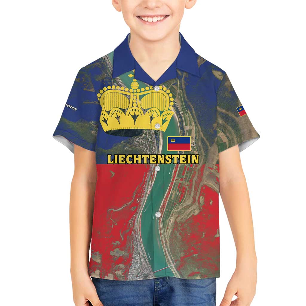 Liechtenstein Family Matching Off Shoulder Maxi Dress and Hawaiian Shirt with Red Blue Aerial River Design and Yellow Crown Emblem - Wonder Print Shop