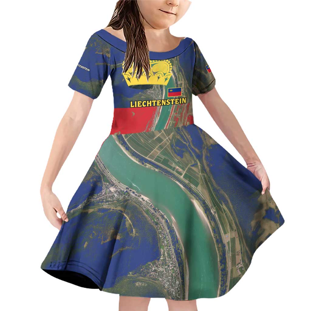 Liechtenstein Family Matching Off Shoulder Short Dress and Hawaiian Shirt with Red Blue Aerial River Design and Yellow Crown Emblem - Wonder Print Shop