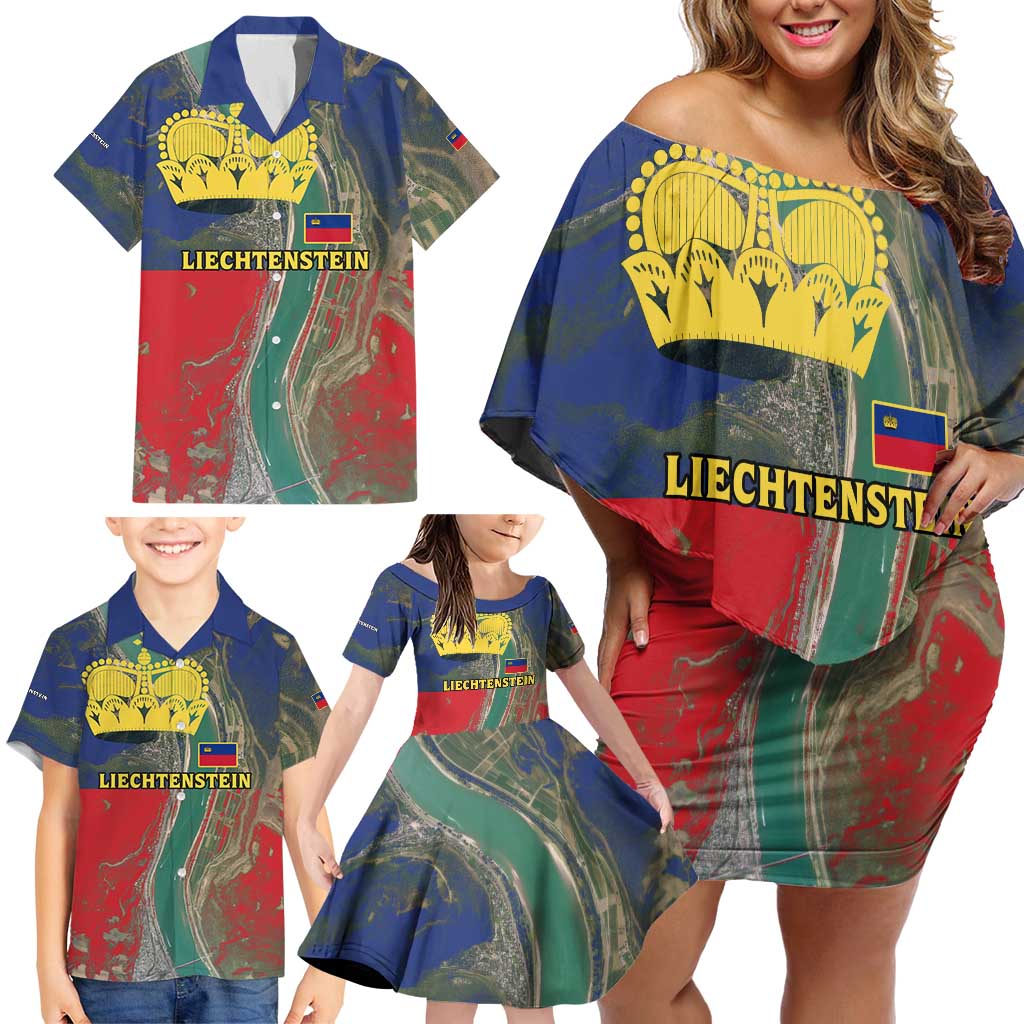 Liechtenstein Family Matching Off Shoulder Short Dress and Hawaiian Shirt with Red Blue Aerial River Design and Yellow Crown Emblem - Wonder Print Shop