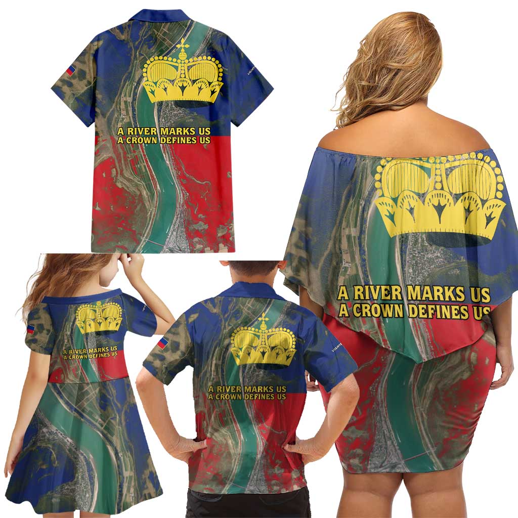 Liechtenstein Family Matching Off Shoulder Short Dress and Hawaiian Shirt with Red Blue Aerial River Design and Yellow Crown Emblem - Wonder Print Shop