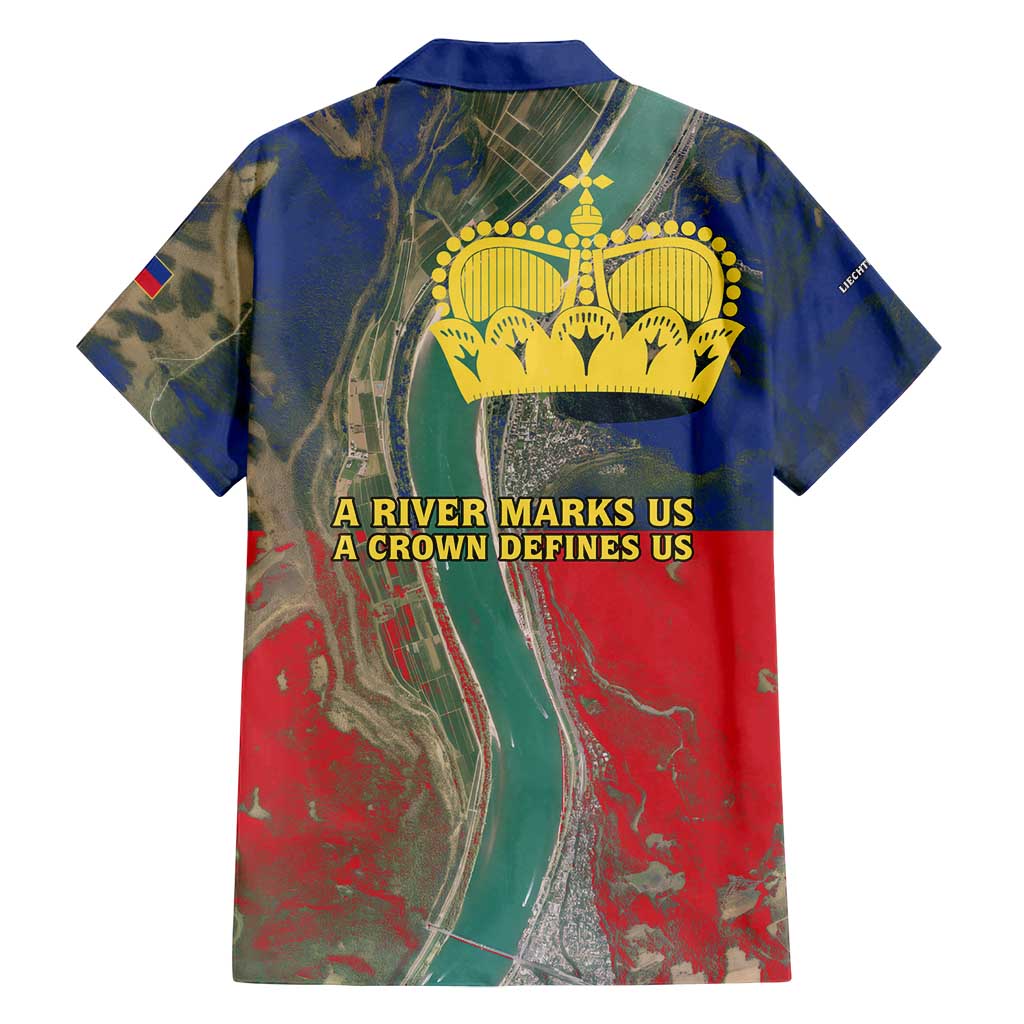 Liechtenstein Family Matching Off Shoulder Short Dress and Hawaiian Shirt with Red Blue Aerial River Design and Yellow Crown Emblem - Wonder Print Shop