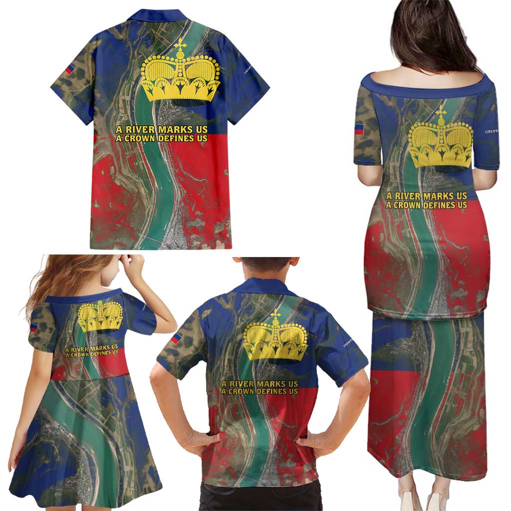 Liechtenstein Family Matching Puletasi and Hawaiian Shirt with Red Blue Aerial River Design and Yellow Crown Emblem - Wonder Print Shop