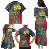 Liechtenstein Family Matching Puletasi and Hawaiian Shirt with Red Blue Aerial River Design and Yellow Crown Emblem - Wonder Print Shop