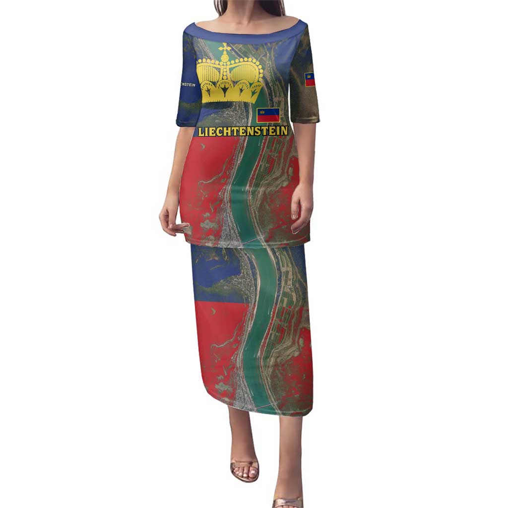 Liechtenstein Family Matching Puletasi and Hawaiian Shirt with Red Blue Aerial River Design and Yellow Crown Emblem - Wonder Print Shop
