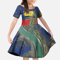 Liechtenstein Family Matching Short Sleeve Bodycon Dress and Hawaiian Shirt with Red Blue Aerial River Design and Yellow Crown Emblem - Wonder Print Shop