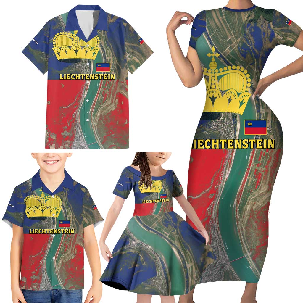 Liechtenstein Family Matching Short Sleeve Bodycon Dress and Hawaiian Shirt with Red Blue Aerial River Design and Yellow Crown Emblem - Wonder Print Shop