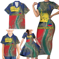Liechtenstein Family Matching Short Sleeve Bodycon Dress and Hawaiian Shirt with Red Blue Aerial River Design and Yellow Crown Emblem - Wonder Print Shop