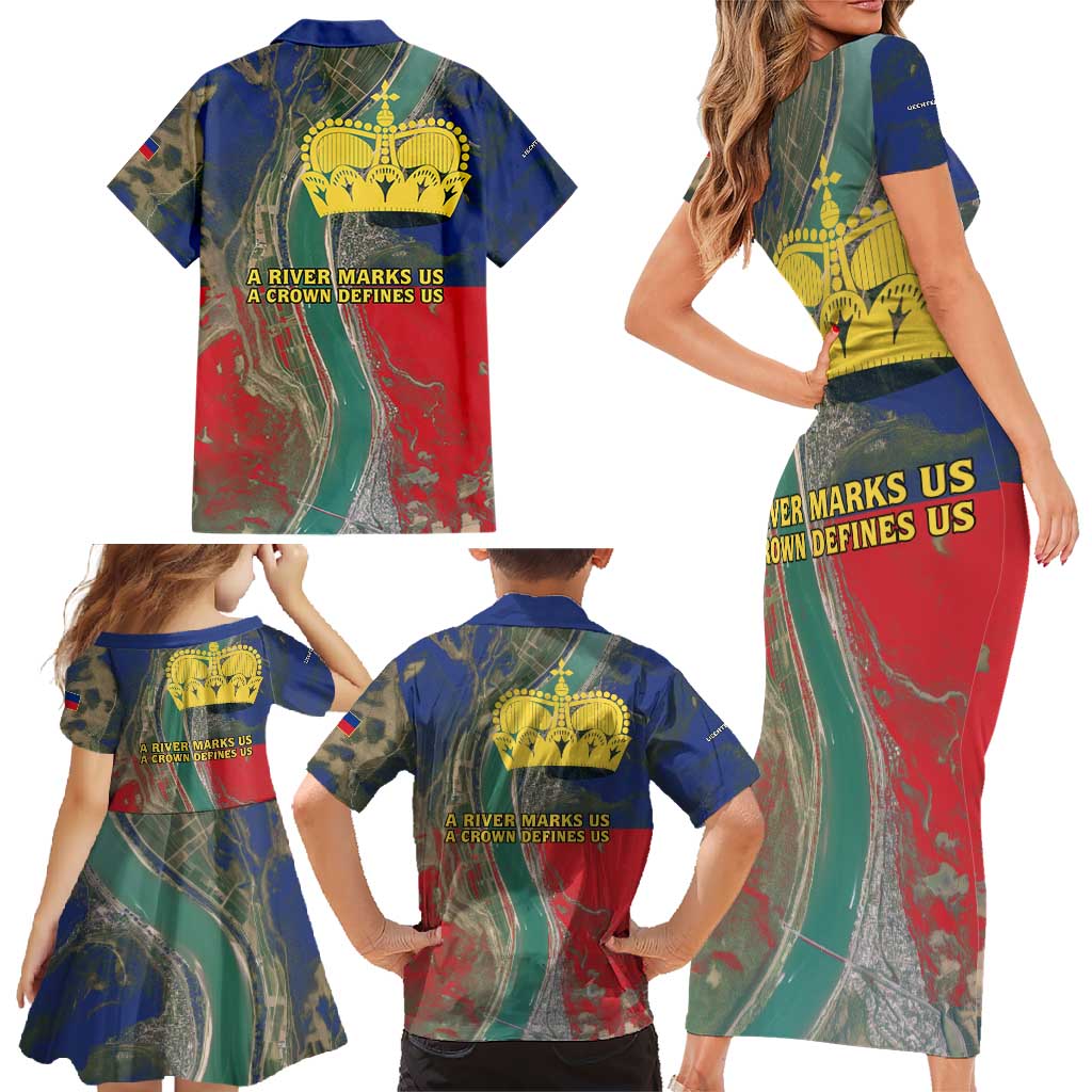 Liechtenstein Family Matching Short Sleeve Bodycon Dress and Hawaiian Shirt with Red Blue Aerial River Design and Yellow Crown Emblem - Wonder Print Shop
