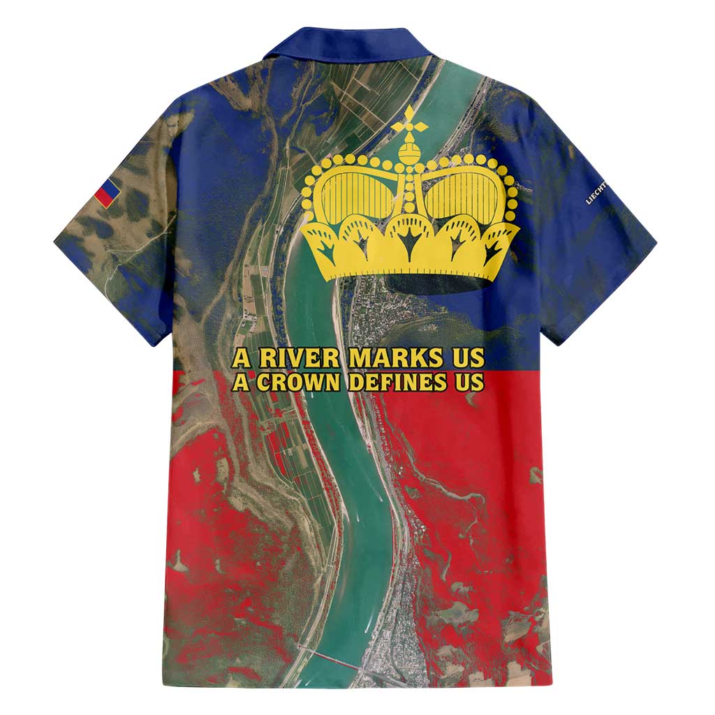 Liechtenstein Family Matching Short Sleeve Bodycon Dress and Hawaiian Shirt with Red Blue Aerial River Design and Yellow Crown Emblem - Wonder Print Shop