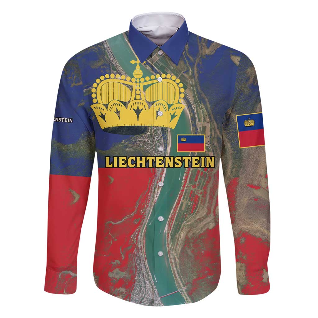 Liechtenstein Family Matching Short Sleeve Bodycon Dress and Hawaiian Shirt with Red Blue Aerial River Design and Yellow Crown Emblem - Wonder Print Shop
