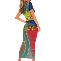 Liechtenstein Family Matching Short Sleeve Bodycon Dress and Hawaiian Shirt with Red Blue Aerial River Design and Yellow Crown Emblem - Wonder Print Shop
