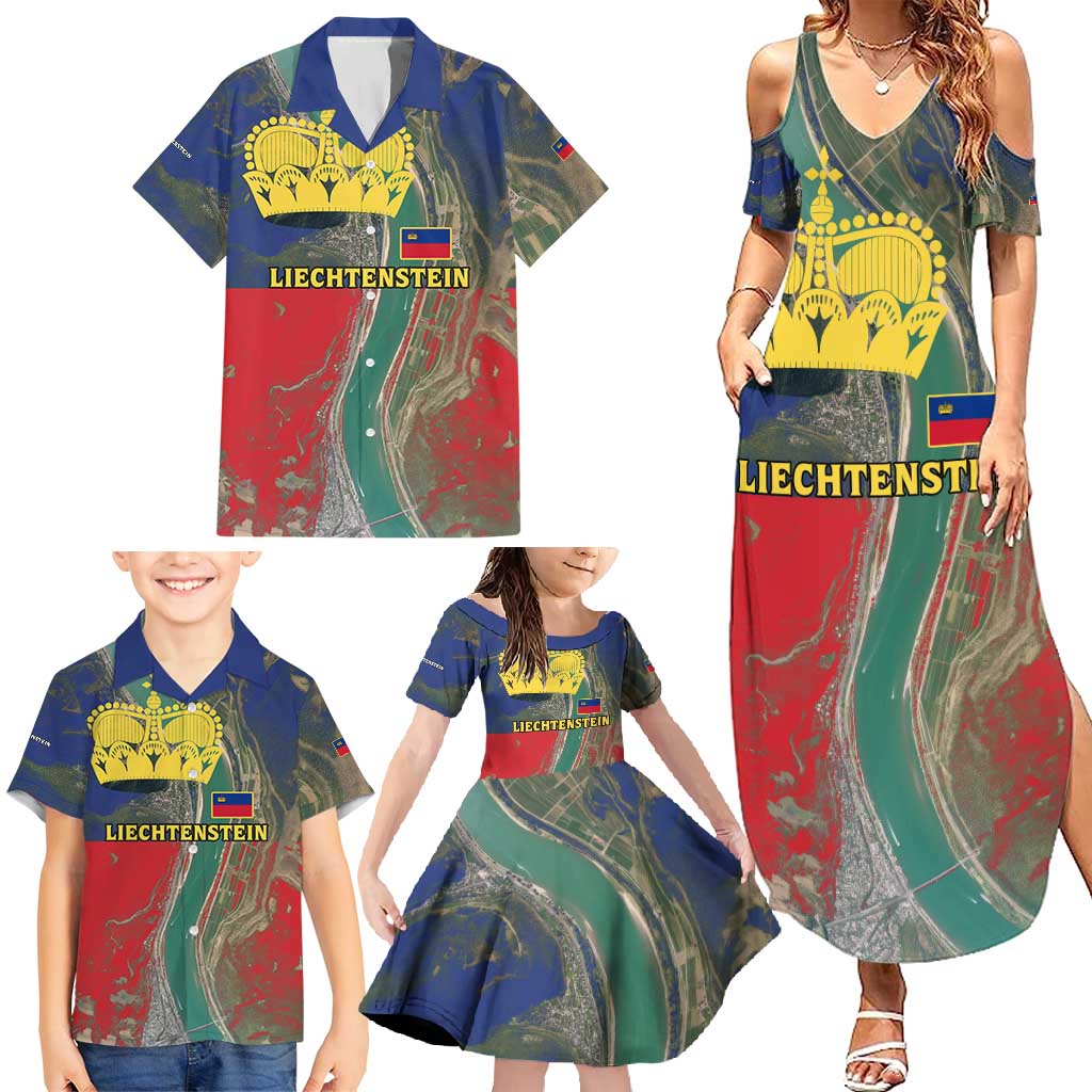 Liechtenstein Family Matching Summer Maxi Dress and Hawaiian Shirt with Red Blue Aerial River Design and Yellow Crown Emblem - Wonder Print Shop