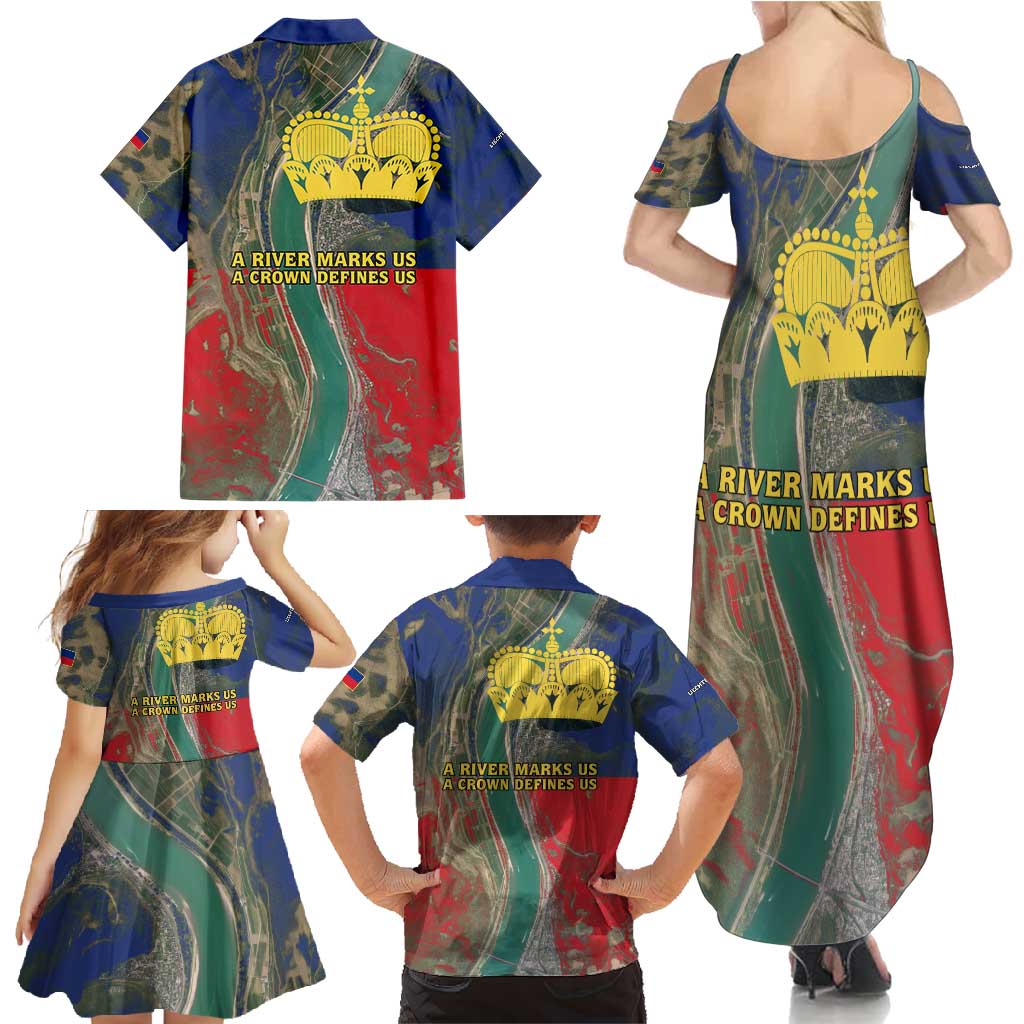 Liechtenstein Family Matching Summer Maxi Dress and Hawaiian Shirt with Red Blue Aerial River Design and Yellow Crown Emblem - Wonder Print Shop